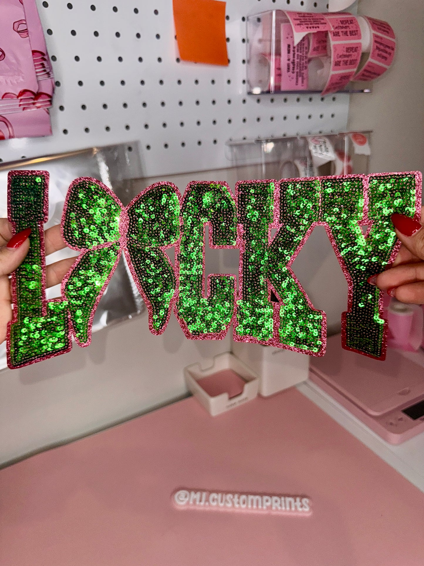 Lucky Green & Pink Border - Sequin Patch