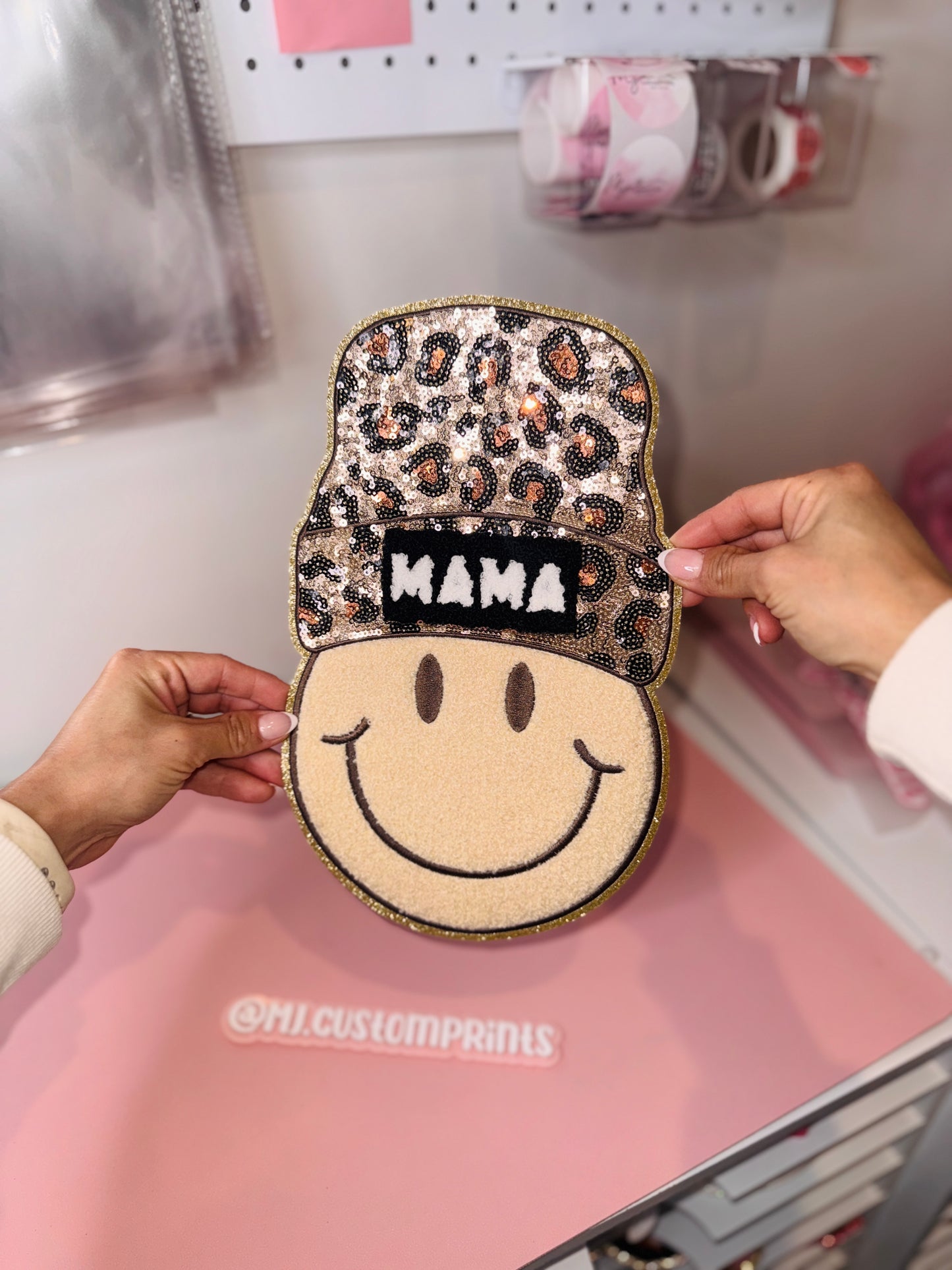 Smiley Face Mama Cheetah Prints- Chenille Patch