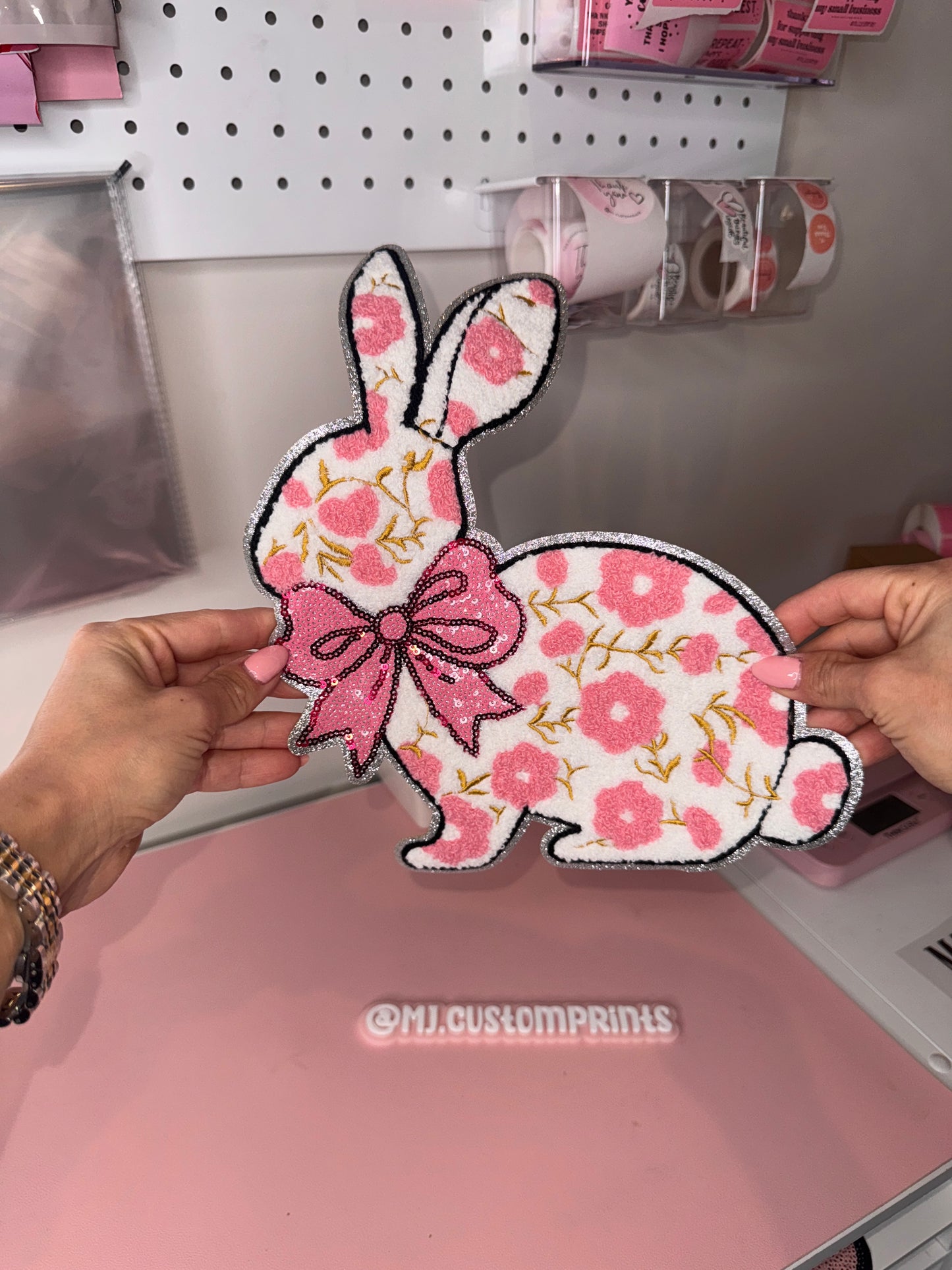 Pink Flowers Bunny - Chenille Patch